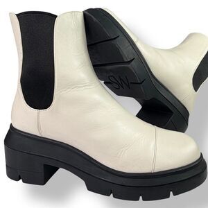 Stuart Weitzman Norah Lug Sole Chelsea Combat Boots White Leather Platform 9C